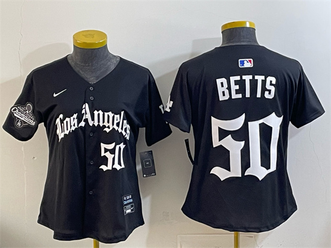 Youth Los Angeles Dodgers #50 Mookie Betts Black 2025 World Series Champions LA Gothic Edition Limited Stitched Baseball Jersey Youth Los Angeles Dodgers #50 Mookie Betts Black 2025 World Series Champions LA Gothic Edition Limited Stitched Baseball Jersey